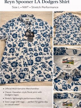 Reyn Spooner LA Dodgers Floral Hawaiian Shirt NWT Size L MLB Performance
